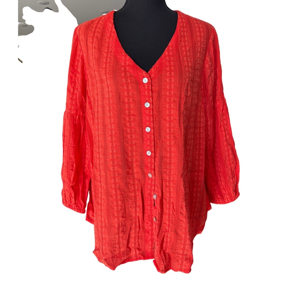 J Jill Floral Embroidered Button Down V Neck Blouse Womens M Red Cottagecore